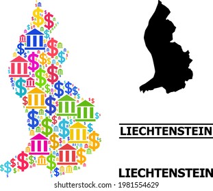 Colored bank and money mosaic and solid map of Liechtenstein. Map of Liechtenstein vector mosaic for advertisement campaigns and agitation.