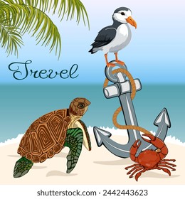 Colored banner with animals.Wild animals on the seashore in a travel invitation banner.