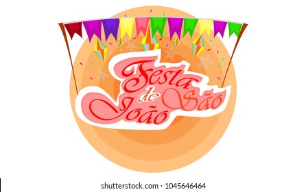 Colored  banner for the Festa de Sao Joao feast with bright flags, traditional lanterns and the inscription Festa de São João