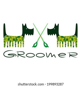 Colored banner for groomer with stylized patterned dogs