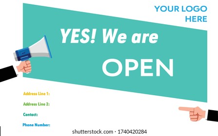 Colored Banner now open With Megaphone. Web Element. Vector Ilustration