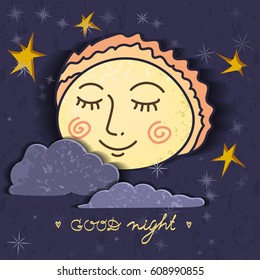 Colored banner with sleeping characters. Cute hand drawn Moon with stars and clouds on the night background.