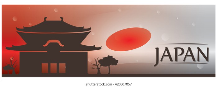 Colored banner with text, the japanese flag and a silhouette of the hanayashiki amusement park