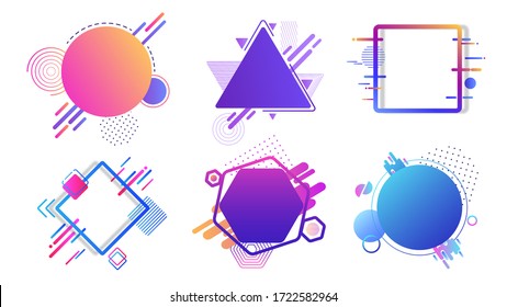 Colored banners different geometric shapes. Abstract graphic images hexagon blue circle, purple triangle, pink square with vector template lines clipart running along them.