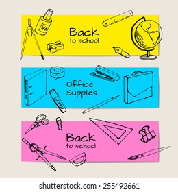 Colored banners with sketches office supplies. vector illustration