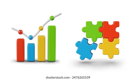 Gráficos de barras de colores, puzzles 3D. Elementos de Vector brillantes para conceptos de negocio