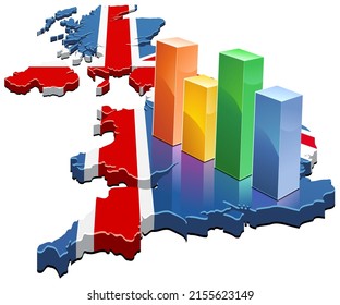 Gráfico de barras de color colocado sobre el mapa 3D del Reino Unido en los colores de la bandera británica (cortado)