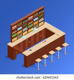 Colored bar isometric composition with empty bar counter and stand with alcohol vector illustration