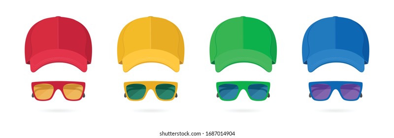 Colored Baseball Cap and Sunglasses Isolated on White Background. Mockup for Branding and Advertising Your Company. Summer Party Items. Front View. Vector Illustration