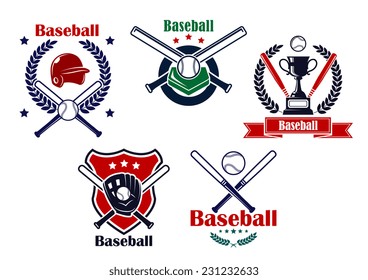 Colored Baseball emblems or badges with various designs of crossed bates with a helmet, glove, ball and trophy with wreaths or shields and text Baseball