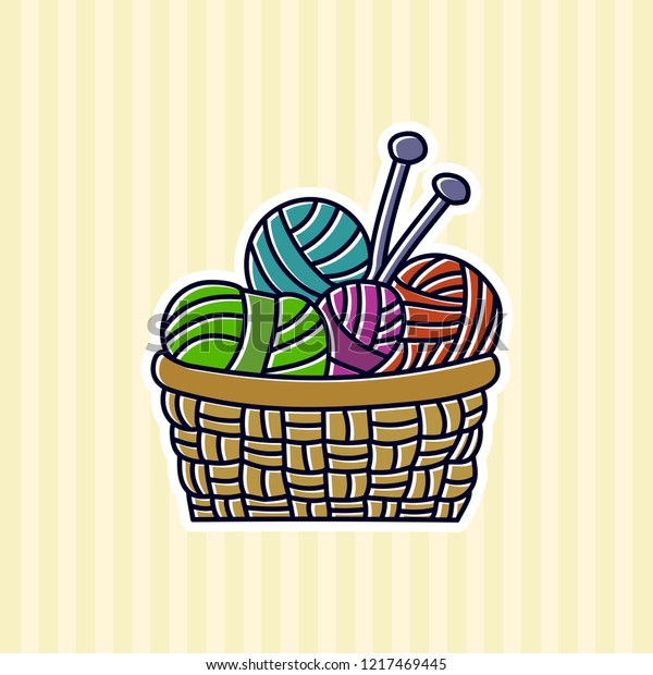 Colored Basket Wool Yarn Knitting Needles Stock Vector