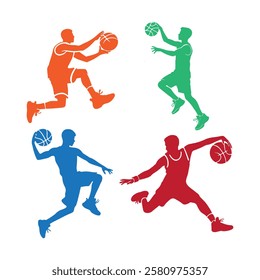 Colored basketball player silhouettes for sports themed graphic design projects.