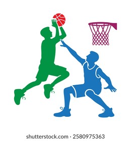 Colored basketball player silhouettes for sports themed graphic design projects.