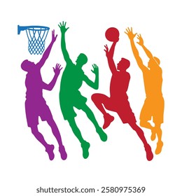 Colored basketball player silhouettes for sports themed graphic design projects.