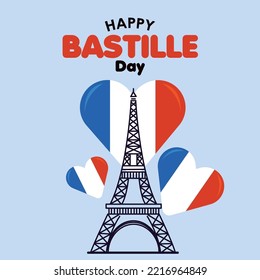 Colored bastille day poster Eiffel tower and heart shapes Vector