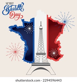 Colored bastille day template with landmark and french map Vector