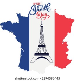 Colored bastille day template with landmark and french map Vector