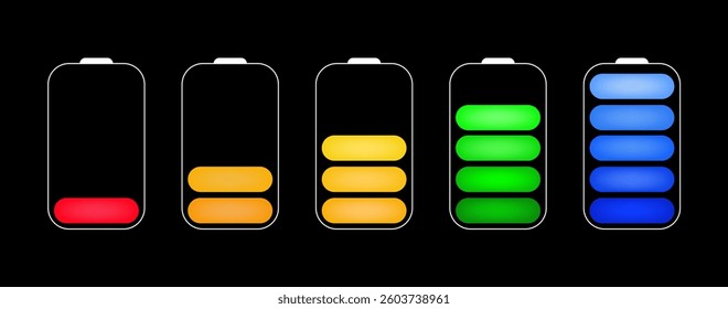 Colored battery icon set vector illustration, battery charging sign and symbol, battery charge level.