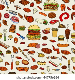 Colored Bbq Barbecue Grill Sketch Seamless Pattern