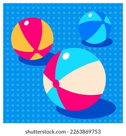 Colored beach balls on the blue polka dot backgrounds. Summer mood. Vector illustration.