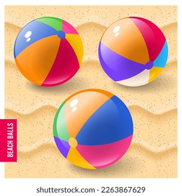 Farbige Strandbälle auf dem Sand. Sommerstimmung. Vektorgrafik.