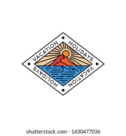 Colored beach with mountain and sun line art illustration rectangle badge logo design with text