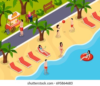 Colored beach rest isometric composition with holidaymakers swim and sunbathe on the beach vector illustration