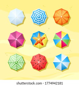 Colored beach umbrellas top view set. Protected leisure on tropical yellow beach multicolored barrier to sun relaxing summer holiday at sea resort trip vacation. Seasonal cartoon vector.