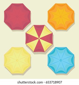 Colored beach umbrellas. View of parasols on top. Icons set. Vector image. Design for websites, banners, posters, printing on paper and fabric.