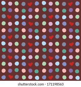 colored beads on burgundy background with hearts. seamless pattern 