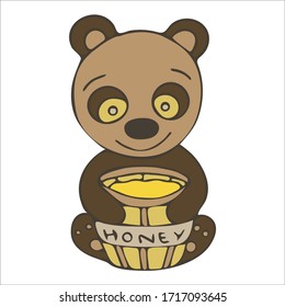 Colored Bear With Honey doodle sketch illustration on white background.