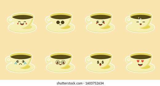 Colored beautiful cups character in flat designs with cute cartoon faces. Hot coffee and tea. Set of coffee cup emoticons. Collection with different expressions. Flat design.Avatars, cards, sticker