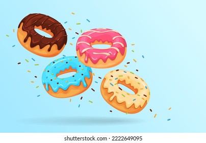 Colored beautiful donuts with glaze and sweet sprinkles. Vector illustration