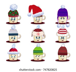 Colored beautiful doodle steaming cups characters with cute cartoon faces dressed in funny knitted hats. Hot coffee and tea. Vector illustration, icons, clip art isolated on white background.