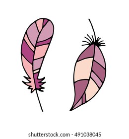  Colored beautiful hand-drawn feather. Beautiful plumelets in gentle colors. Pattern of feathers. Freehand drawing. Vector illustration.