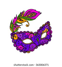 Colored beautiful ornate carnival Venetian mask with feather, hand drawn vector illustration, white background