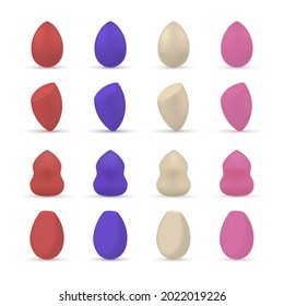 Colored beauty sponge set realistic vector illustration. Collection makeup blending tools different shapes for applying cosmetics tone foundation isolated. Face make up applicator for cream concealer