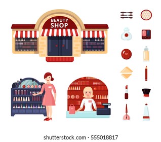 Colored beauty store icon set with girl consultant at the stand and at the checkout vector illustration