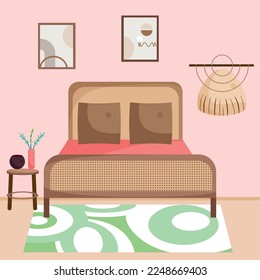 Colored bedroom with carpet and bed Indoor design Vector