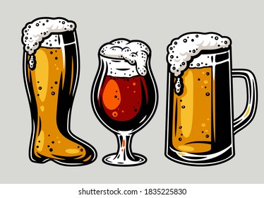 Colored beer mug with foam retro bar and pub menu. Tipes of glasses for bavarian october festival