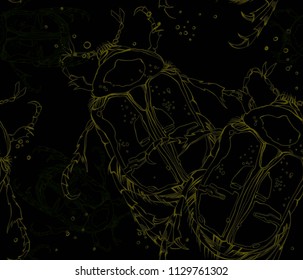 Colored beetle on black background. Ornate decorated green and olive insect for textile print. Hand drawn vector bugs pattern. Fantasy,nature, invitatio seamless. Eco, nature chafer.