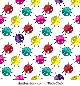 Colored beetles on a white background, seamless pattern, vector illustration