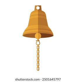 A colored bell icon. The ship's bell. Rynda. The alarm bell. The bell is golden in color with a chain. Vector illustration isolated on a white background for design and web.