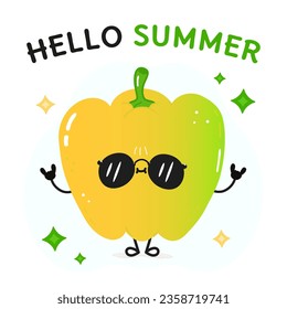 Farbige Glockenpfefferfigur. Hallo Sommerkarte. Vektorhandgezeichnete Cartoons kawaii Zeichentricksymbol. Einzeln auf weißem Hintergrund: Farbiges Pfefferobst-Zeichenkonzept