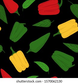 Colored bell pepper seamless pattern. Pepper hand drawn wallpaper. Design for fabric, textile print, wrapping paper, textile, restaurant menu. Vector illustration