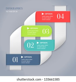Colored bended lines with numbers on gray background. Trendy origami style options banner. Can be used for numbered options, web design, infographics.