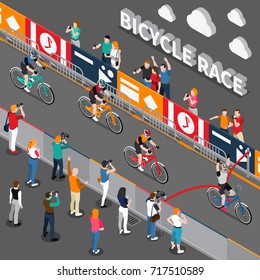 Colored Bicycle Isometric Composition With Racers On Bicycle Race And Group Of Fans Vector Illustration