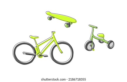 Colored bicycles and skate one line art. Continuous line drawing of sport, transportation, color, kid, bike, fun, roller, hobby, mobile, cycle, teenager, fitness, bike, activity, urban