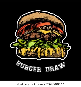 Colored Big burger, hamburger hand drawing vector drawing sketch retro style. Burger logo, big tasty sandwich, vector illustration, vintage style. Stylish, cool hand drawing from a sketch. 
