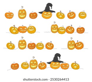 Conjunto grande coloreado con calabazas de halloween de Vector en técnica doodle